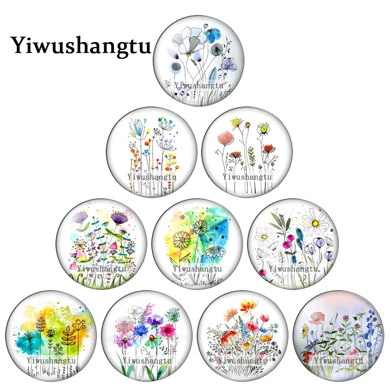 Watercolor Wildflower grass ink Art paintings 12mm/18mm/20mm/25mm Round photo glass cabochon demo flat back Making findings