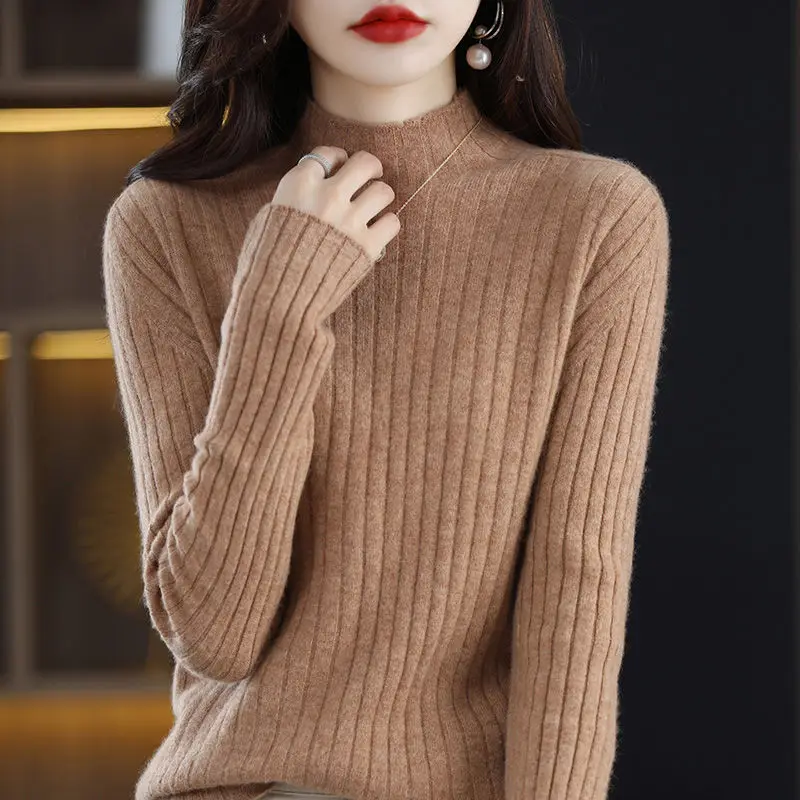 Autumn and Winter Women's Pullover Half High Neck Solid Screw Thread Long Sleeve Sweater Knitted Underlay Fashion Casual Tops