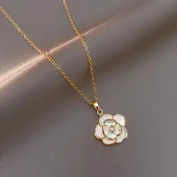 French Romantic Elegant White Enamel Camellia Flower Pendant Necklace 2024 Women's Fashion Jewelry Luxury Accessories for Girls