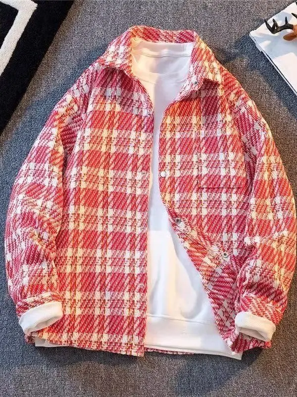 

Men's Woolen Knitted Jacket Casual Loose Fit High End Feel Spring Autumn New Style Checkered Shirt Premium Quality Coat
