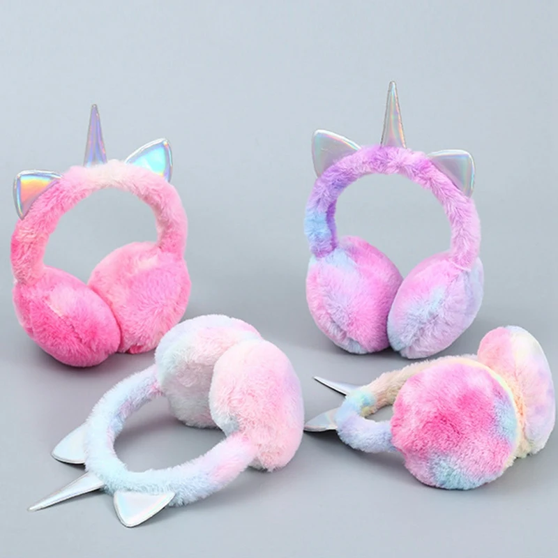 Outdoor Winter WarmeChildren Kids Unicorn Earflap Soft Plush Fluffy Earmuffs Cartoon Cat Ears Cycling Headwear Girl Ears Cover