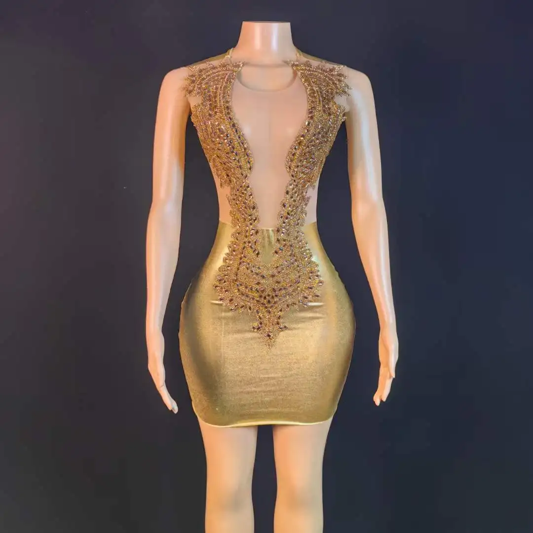 Gold Sparkly Rhinestone Sexy Short Dress Women Birthday Prom Evening Performance Costume Drag Queen Outfit Sleeveless Stage Wear