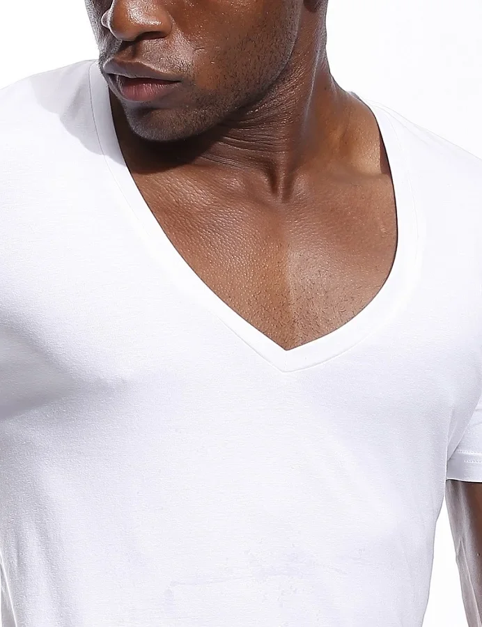 Deep V Neck T Shirt for Men Low Cut Vneck Wide Vee Tee Male Tshirt Invisible Undershirt Model Scoop Hem Slim Fit Short Sleeve