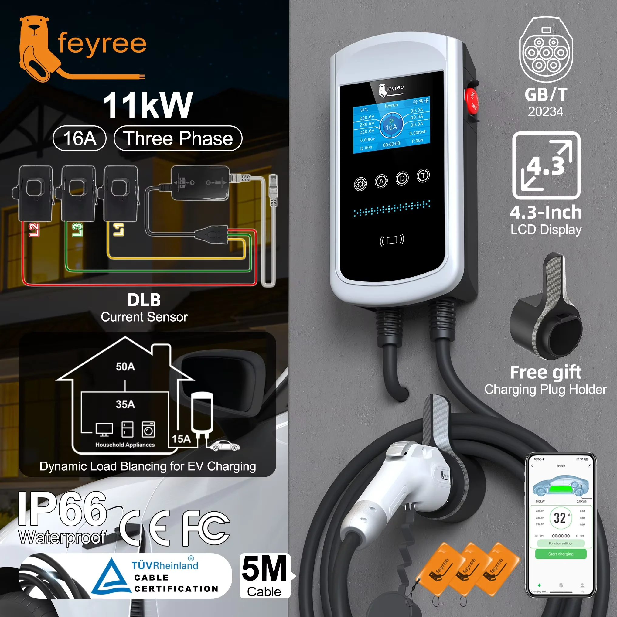 Feyree GB/T EV-lader 7,6 kW 32A Dynamische Lastverdeling Wandlader 4,3 inch LCD Wifi APP Laadlogboek 11 kW 22 kW 3-fasig Laadstation