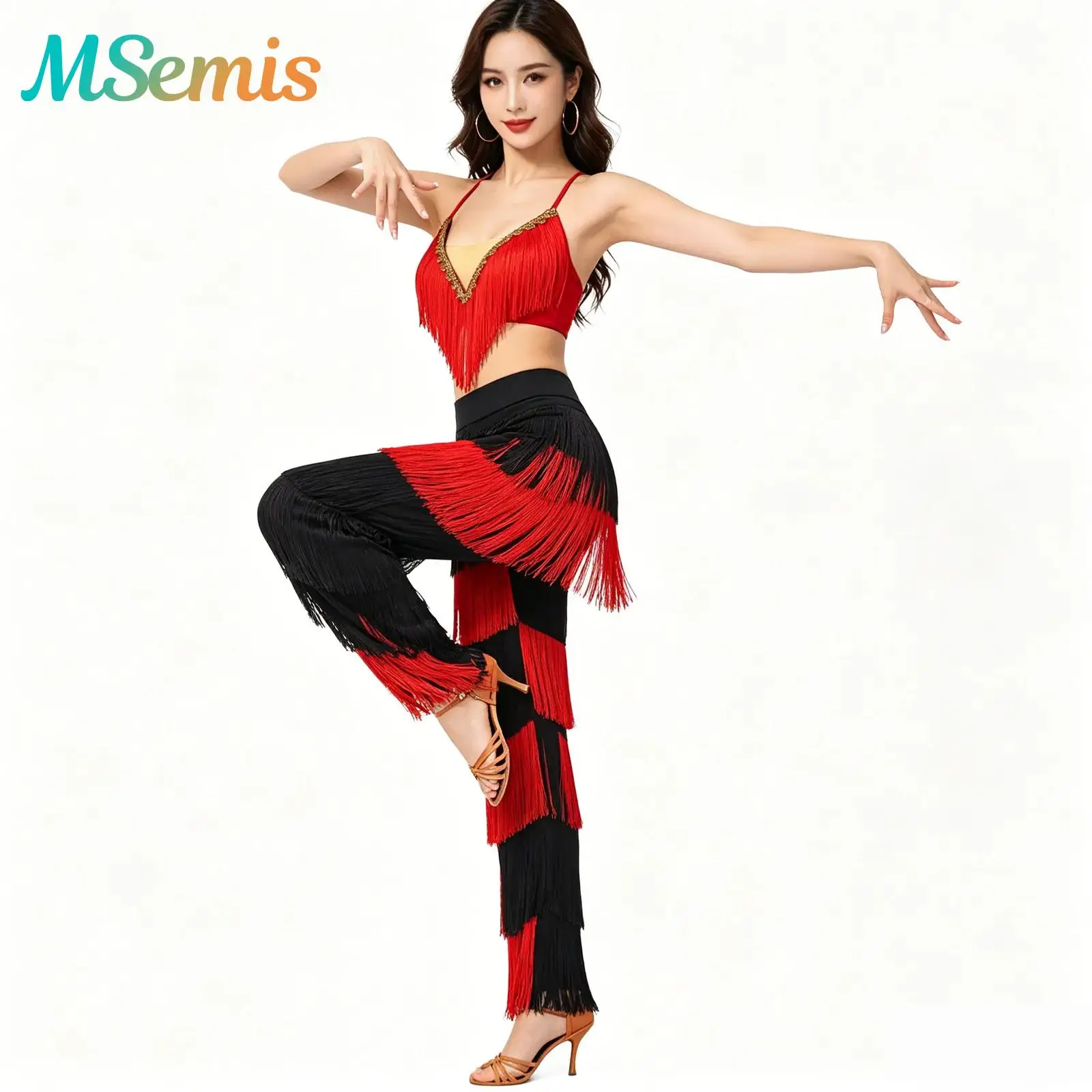 

Womens Fringe Latin Dance Costume Performance Outfits Halter Neck Crop Top with Flared Tassel Pants Ballroom Salsa Dancewear