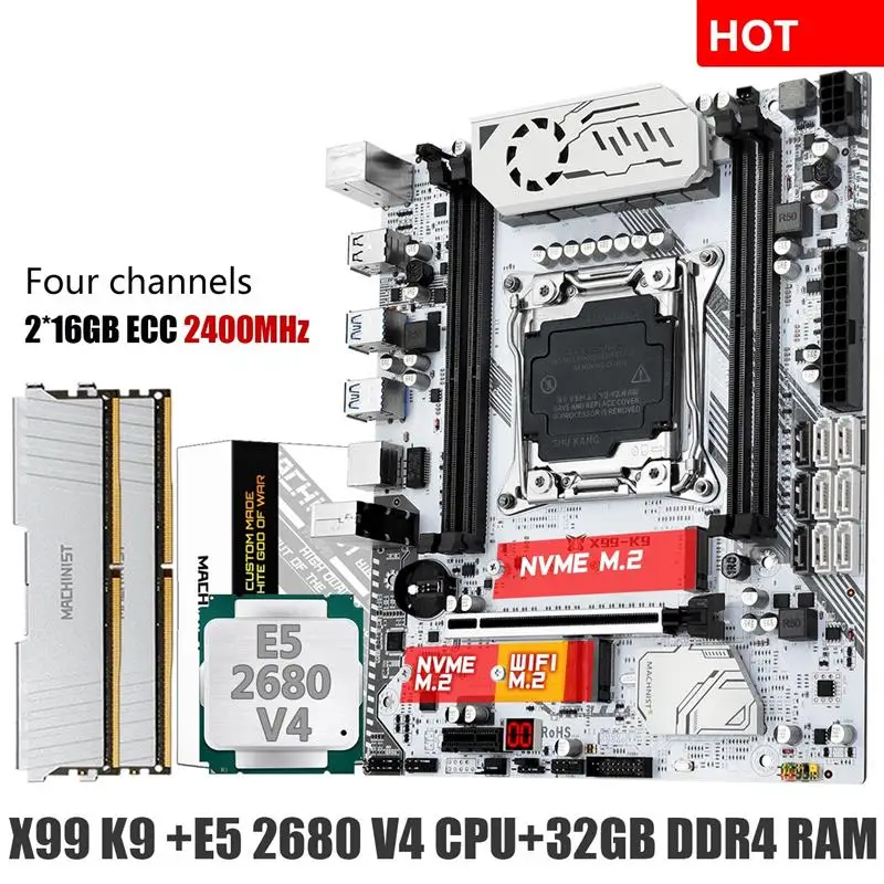 To X99 Motherboard Combo LGA 2011-3 Xeon E5 2680 V4 Kit CPU Processor DDR4 32GB 2400MHz RAM NVME M.2 Four Channel X99-K9