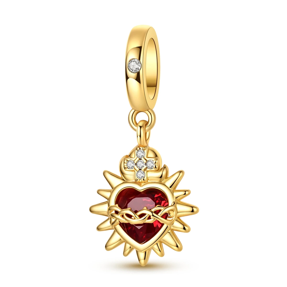 925 Sterling Silver Gold Sacred Heart Dangle Charm Pendant Red CZ Religious Amulet Fit Bracelets Necklaces Women DIY Jewelry