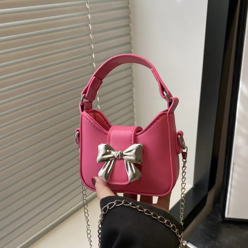

Cute Pu Leather Bow Buckle PU Bag Handbag Mini Silver Bucket Bag Korean Style Solid Color Women's Shoulder Bag Children's