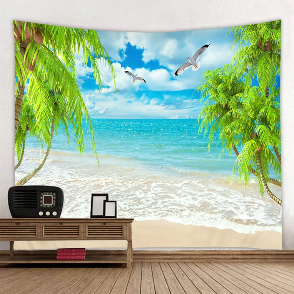 Wall mounted tapestry, sea coconut tree, decorative art, wallpaper, living room, home, dormitory, bedroom, aesthetic background