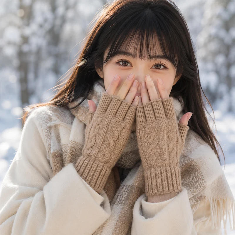 Autumn and Winter Warm Half-Finger Jacquard Gloves for Men and Women, Dew Finger Twisted Flower Cold-Resistant Thick Gloves