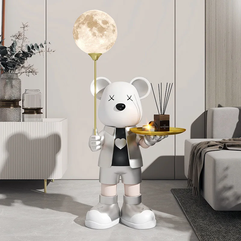 Bear Figurine with Moon LED Lamp Tray Modern Resin Bear Statue Luxury Cartoon Home Decorations for Living Room Floor Decor Gift