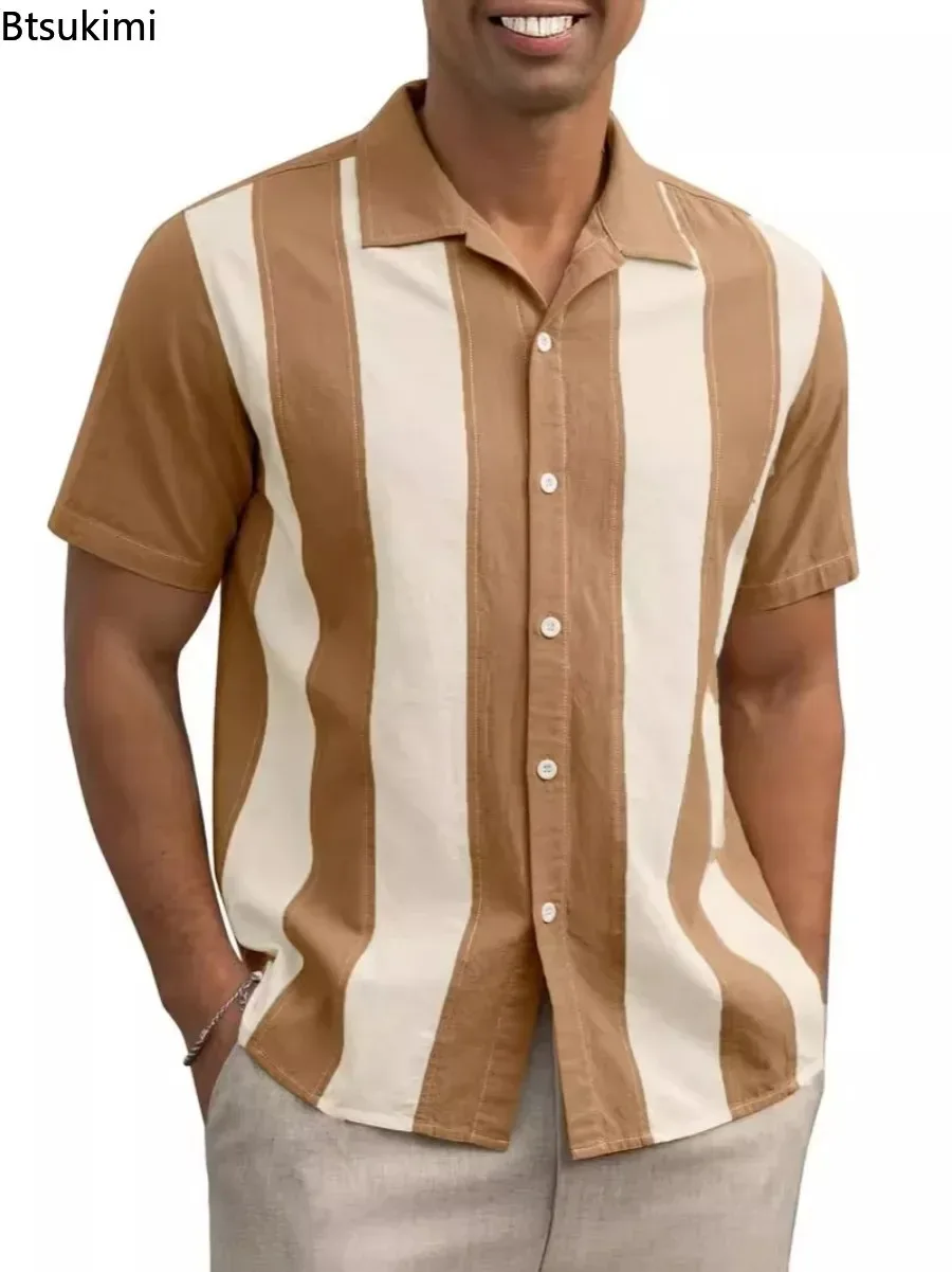 Summer Vintage Short Sleeve Hawaiian Shirts for Men Fashion Splice Striped Lapel Cardigan Tops Men Loose Casual Holiday Blouses
