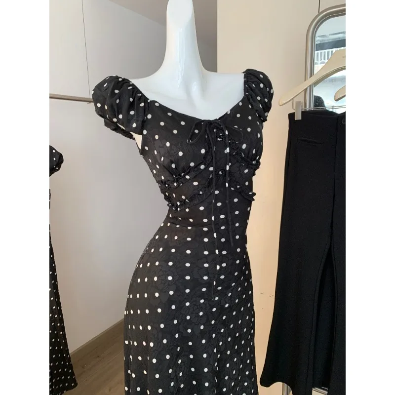 Robe élégante à manches courtes pour femmes, Style français, jupe longue amincissante, col à volants, à pois, été