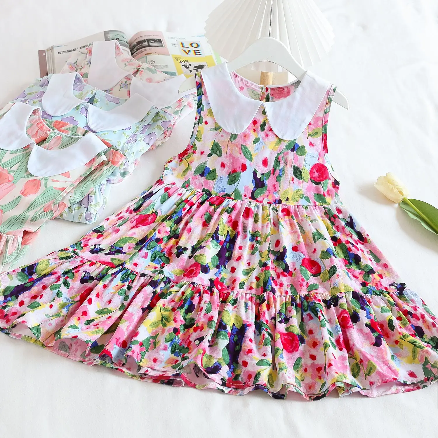 Girls Casual Dresses Flower Printing Irregular Lapel Patchwork Casual Dress Kids Clothes for Girls 5 To 15 Years Summer Clothes