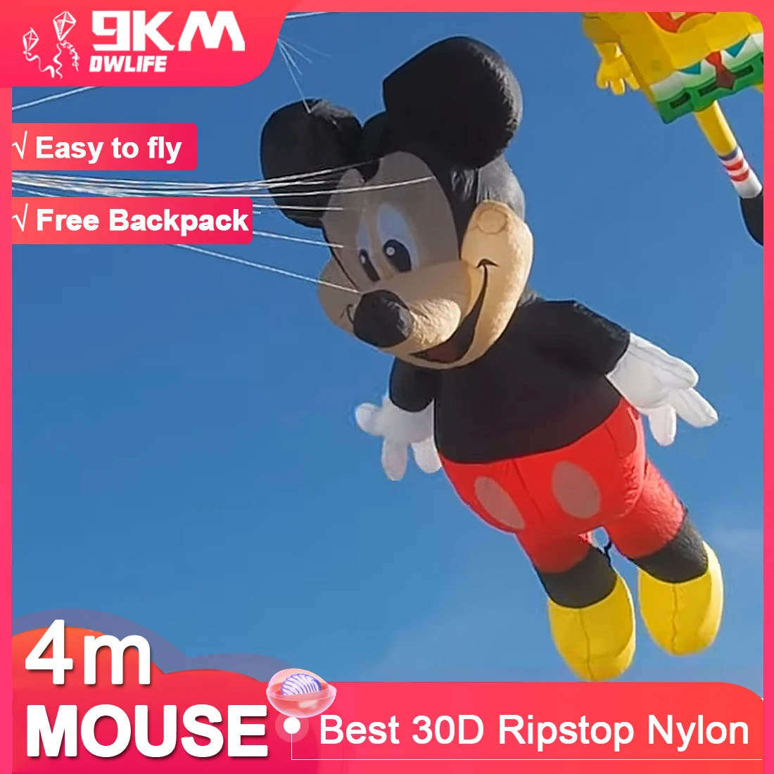 9KM 4m Mouse Kite Line Lavanderia Kite Morbido Gonfiabile 30D Ripstop Nylon con Borsa per Kite Festival (Acetta all'ingrosso)