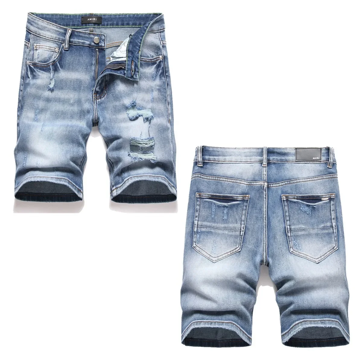 

Men Denim Shorts Solid Knee Length Shorts Zipper Fly Ripped Distressed Holes Mid Waist Casual Spliced Pockets 2025 Summer New