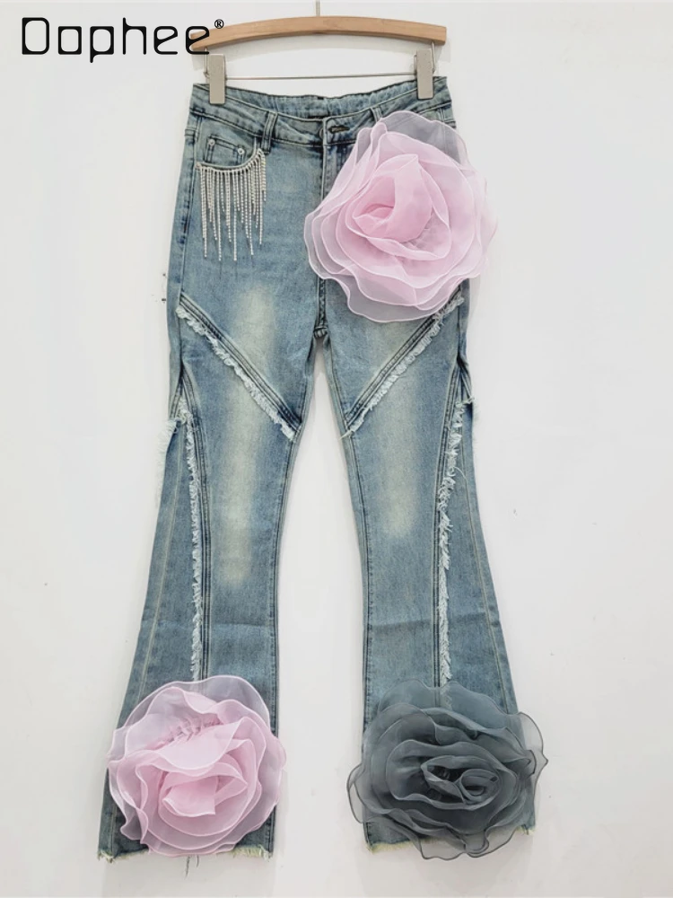 

Street Hipster Exaggerated Flower Decorated Rhinestone Tassel High Waist Jeans 2024 Autumn Retro Patchwork Stretch Flared Pants