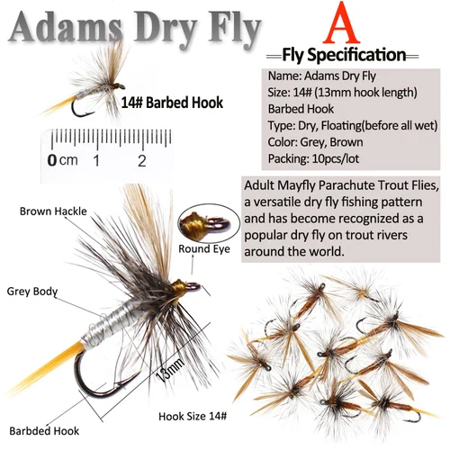 Imagen 2 del producto Wifreo 10PCS # 10 # 12 # 14 # 16 marrón gris cuerpo Adams mosca trucha pesca moscas secas pesca con mosca cebo mosca Caddis Midge adulto Mayfly
