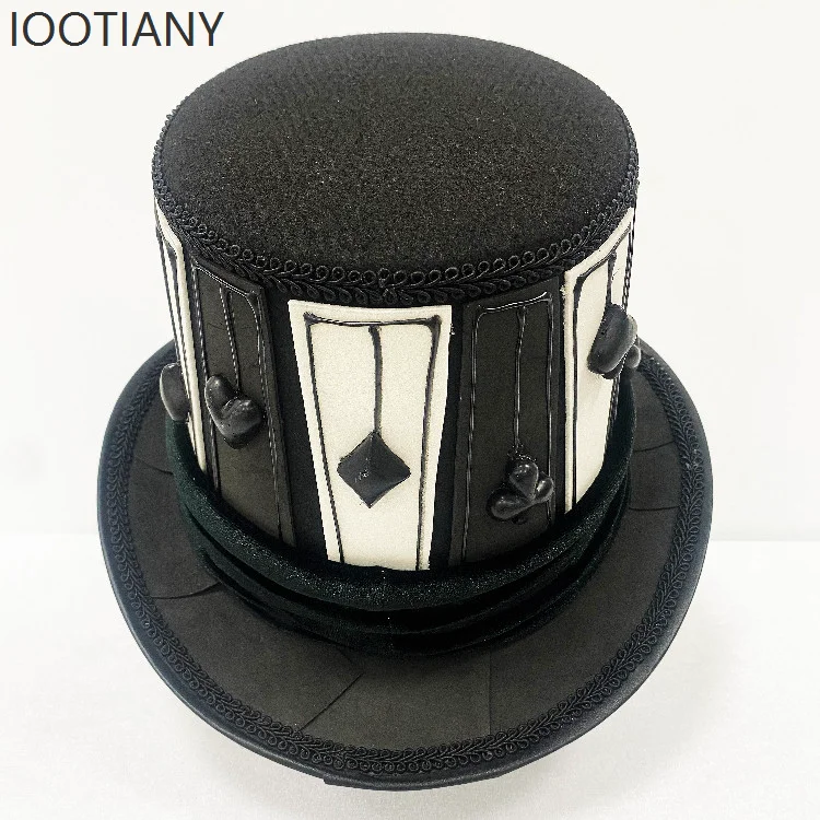 Gothic Black White Poker Pattern Top Hat Playing Card Symbols Magician Hats Vintage Steampunk Tall Cosplay Headwear Accessory 3
