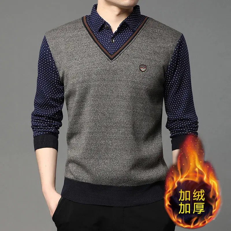 Herren-Langarmshirts mit Fleecefutter, Fake-Two-in-One-Strickhemden, gepunkteter Hemdkragen, V-Ausschnitt, entspannte Passform, warme Oberteile. – Detail 9