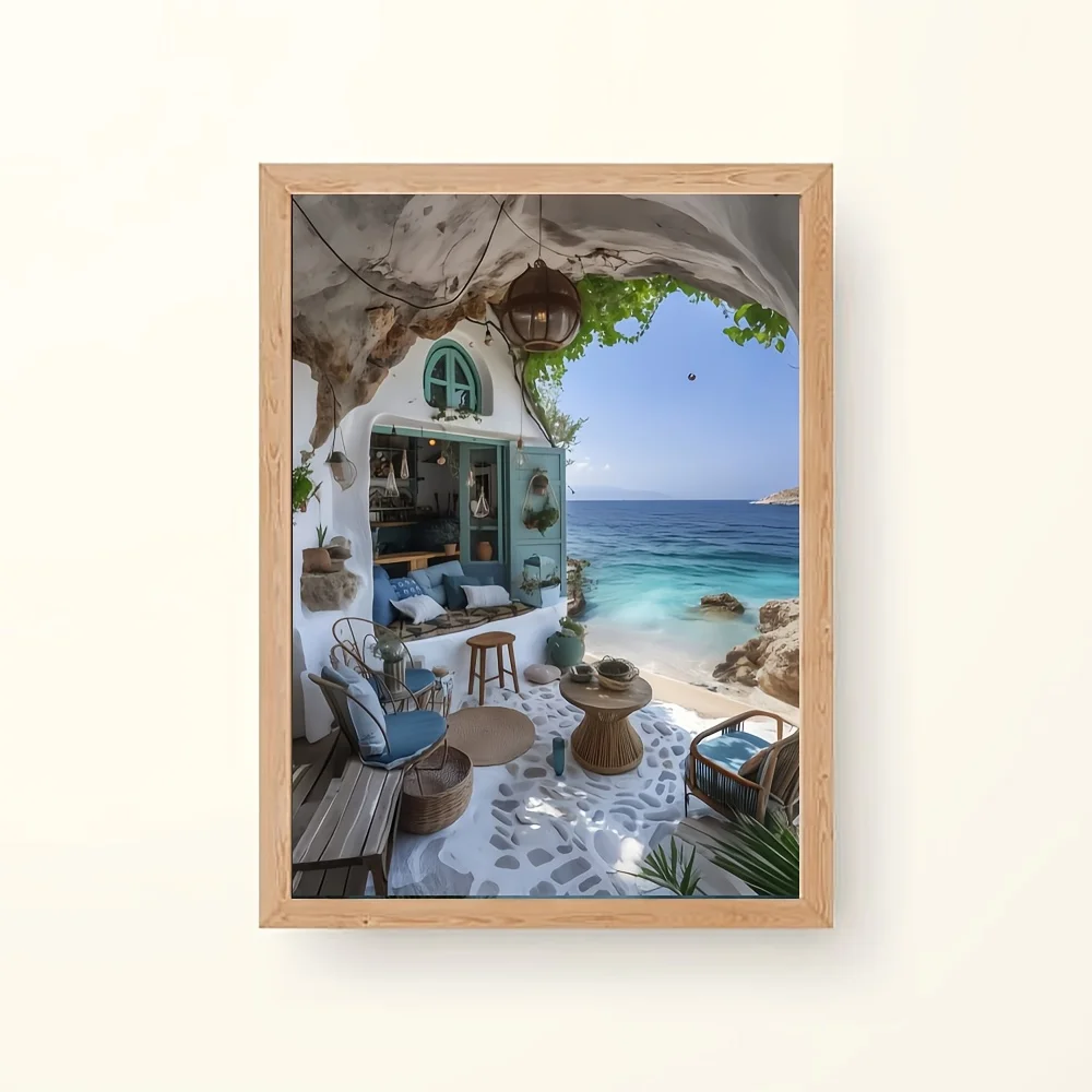 500pcs or 1000pcs Seaside Leisure Nook Jigsaw Puzzle - Mediterranean Beach House with White & Blue Coastal Scene, Challenging