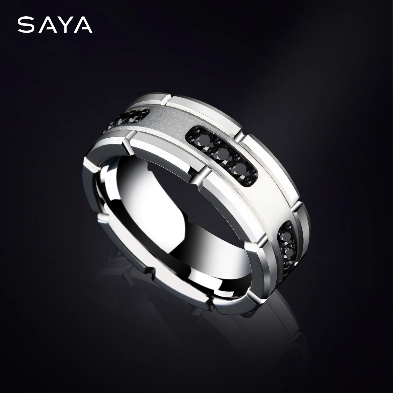 Tungsten Rings for Men High Polished Inlay Black Stones for Wedding Band Gift for Him, Engraving, Customized