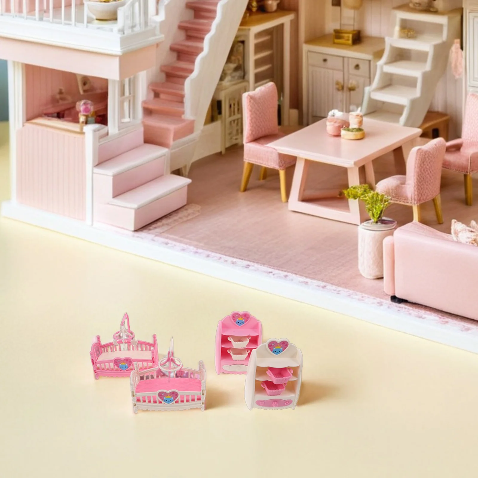 4-teiliges Miniatur-Krippe- und Schrank-Set für Puppenhaus, Kinderzimmer, Schlafzimmer, dekoratives Zubehör, Mini-Krippe ​ ​ Puppenhausmöbel ​