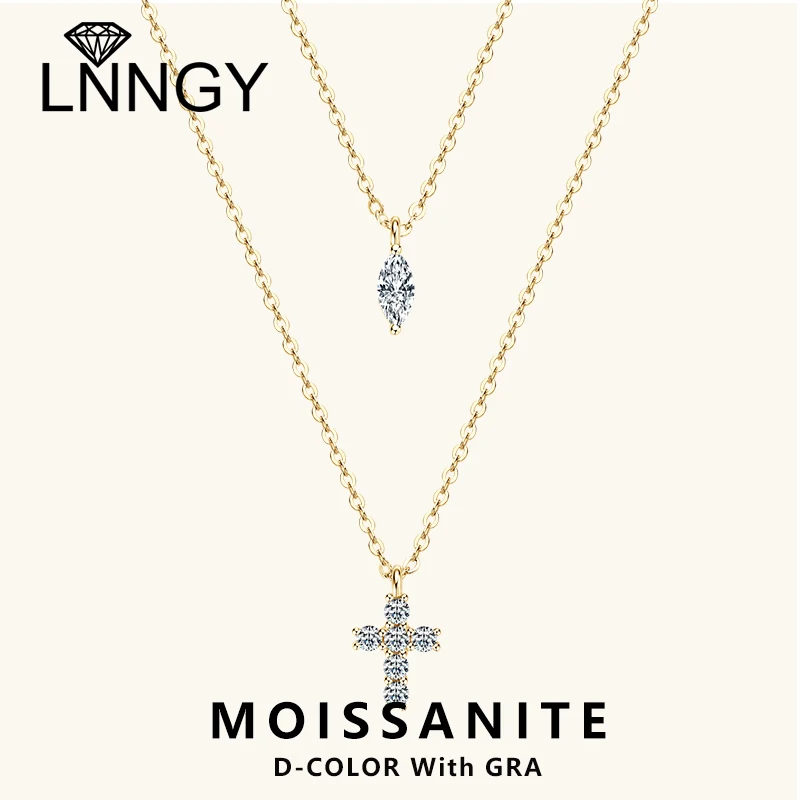 

Lnngy 925 Sterling Silver Double Layer Chain Necklaces Corss Oval Cut Moissanite Pendent Necklace for Women Party Jewelry Gift