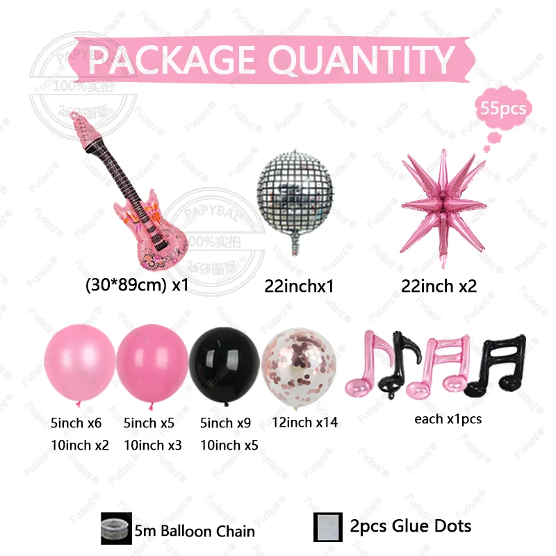 55pcs Pink Guitar Explosion Star Note Balloon Music Theme Party Decoration Indoor Outdoor Photography Props Celebration Balloon
