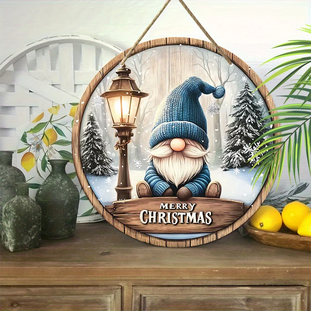 Wooden Merry Christmas Gnome Sign Hanging Decoration - Rustic Vintage Wood Gnome Wall Art with Snowflakes and Lantern, No Electr