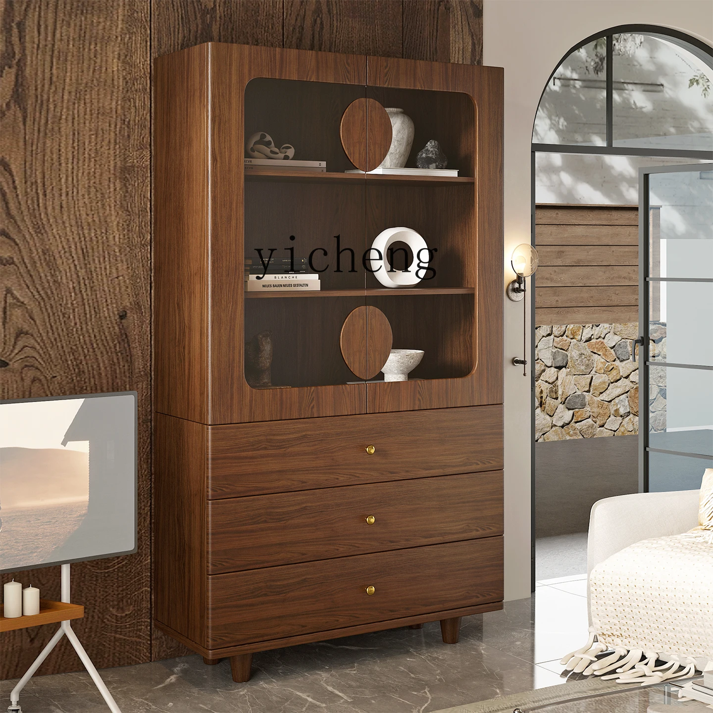 

LX Living Room Wall-Mounted Integrated Shelf Solid Wood Display Cabinet Household Dustproof Storage