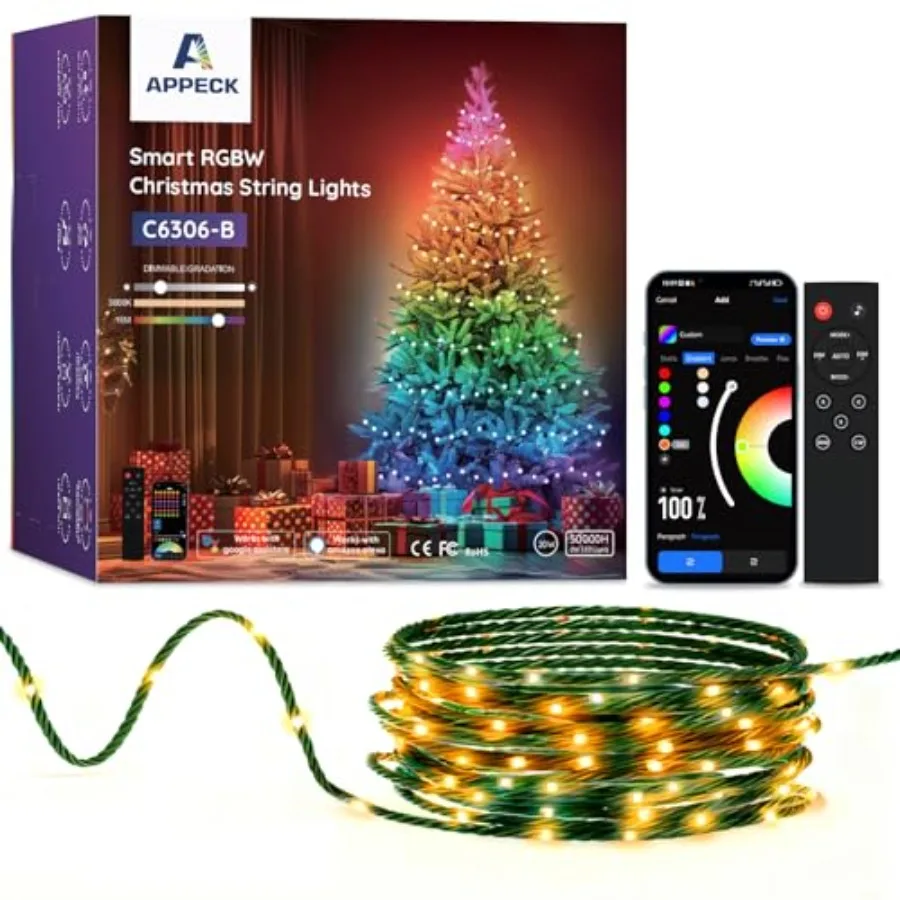Christmas String Lights66 Feet 200 LED Outdoor String Lights 111 Scene Modes Smart RGBW Color Changing Fairy Lights with App Co