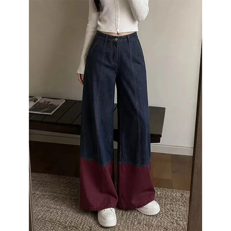 Harajuku Women Color Block Wide Leg Jeans High Waist Dark Blue Burgundy Red Spliced Panel Contrast Loose Flared Denim Trousers