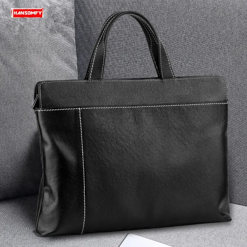 

Business Men's Handbag Genuine Leather 14" Briefcase Shoulder Bag Men Messenger Crossbody Bags Soft Cowhide Leather Casual Black