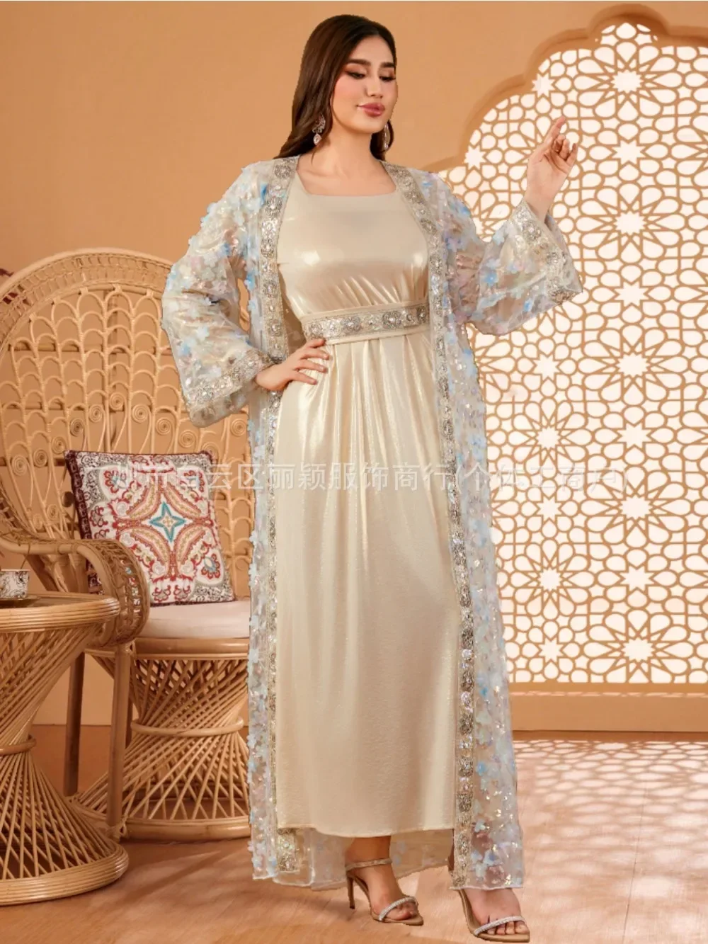 عباية فستان للنساء فساتين الحفلات 2 قطعة مجموعة دانتيل عيد دبي العربية الإسلامية المغربي قفطان سترة رداء 2026 خريف رمضان #2