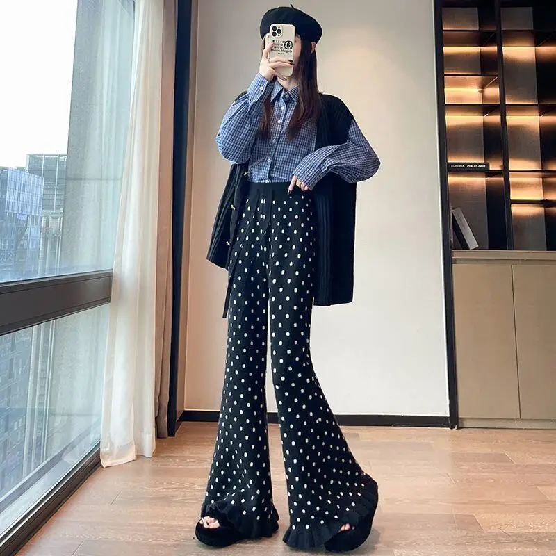 Polka Dot Lace Knitted Bootcut Pants Women's Autumn Winter High Waist Slim Fit Wide Leg Pants Y2K Girls Loose Casual Trousers