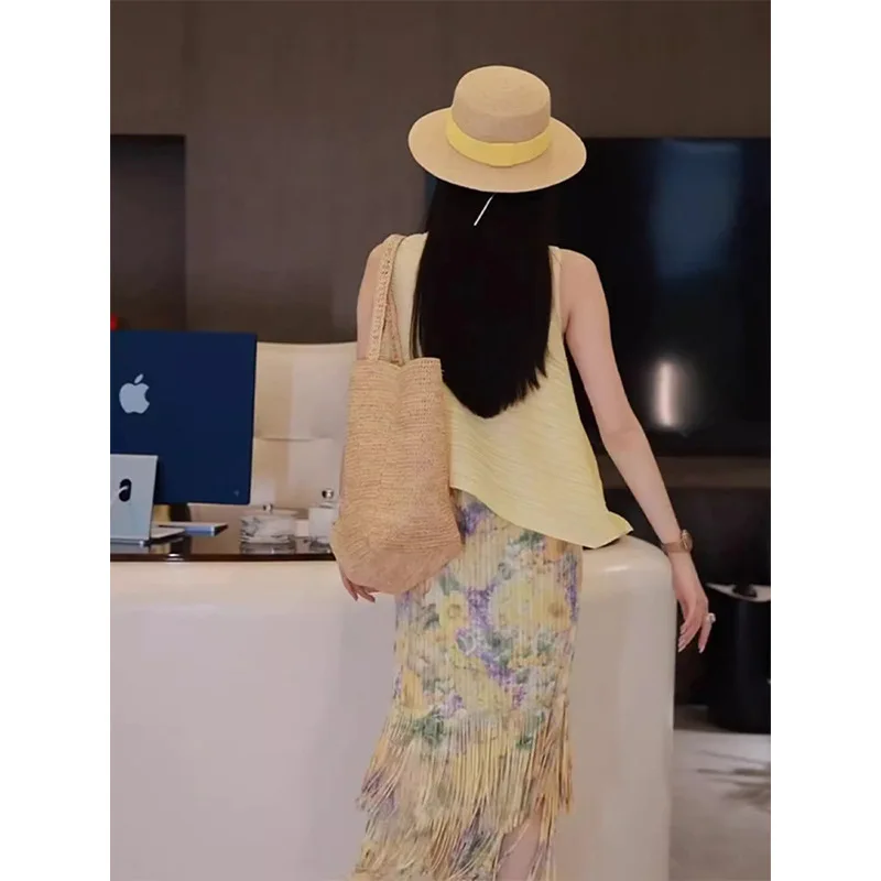 Miyake 2025 verão novo plissado cor sólida superior cintura alta saia de meio corpo de duas peças moda casual cem terno feminino alsey