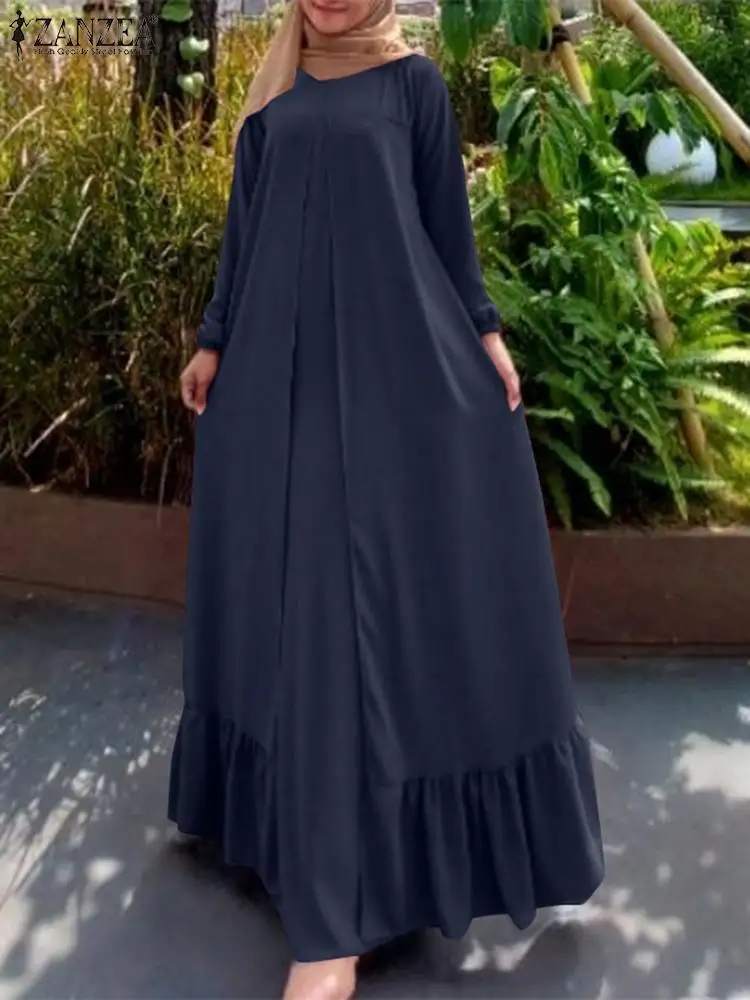 

2024 ZANZEA Muslim Women Vintage Abaya Robe Femme Long Sleeve Solid Ruffle Hem Dress Islamic Clothing Jilbab Autumn Maxi Dresses