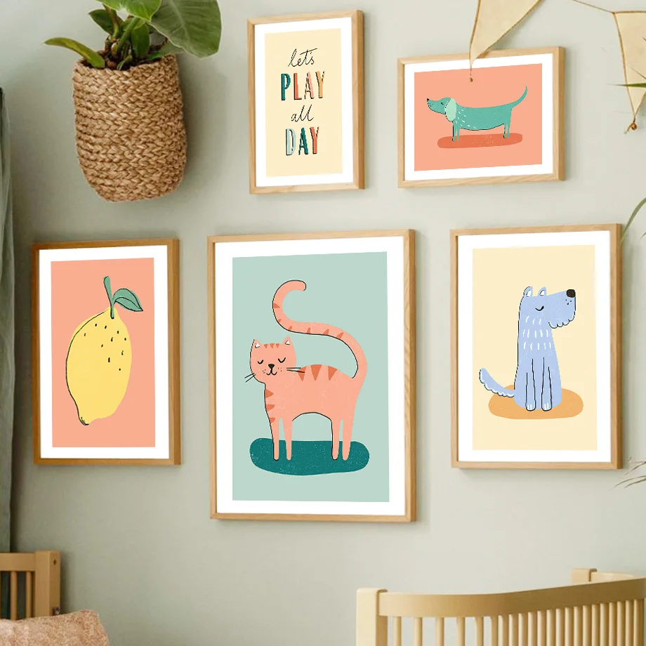 Blue Dog Pink Cat Lemon PosterAnimals Wall Art Mural Print Colourful Alphabet Canvas Painting Wall Picture Baby Kids Room Decor