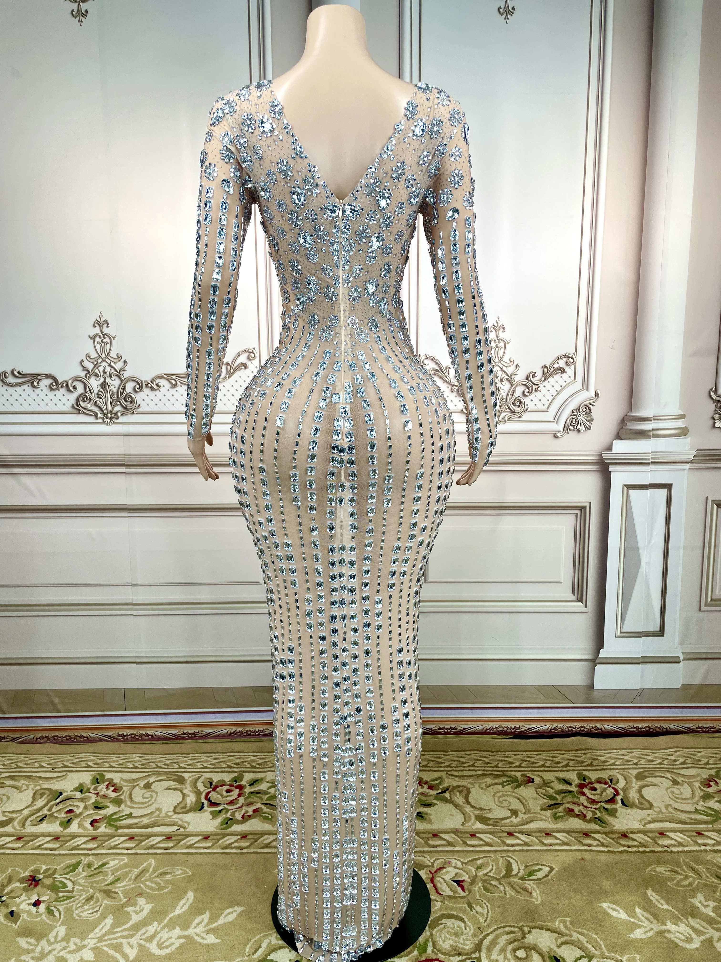 Big Rhinestones Pearls Sleeveless Long Sleeves Mesh Dress Transparent Dancer Performance Birthday Celebrate plus size