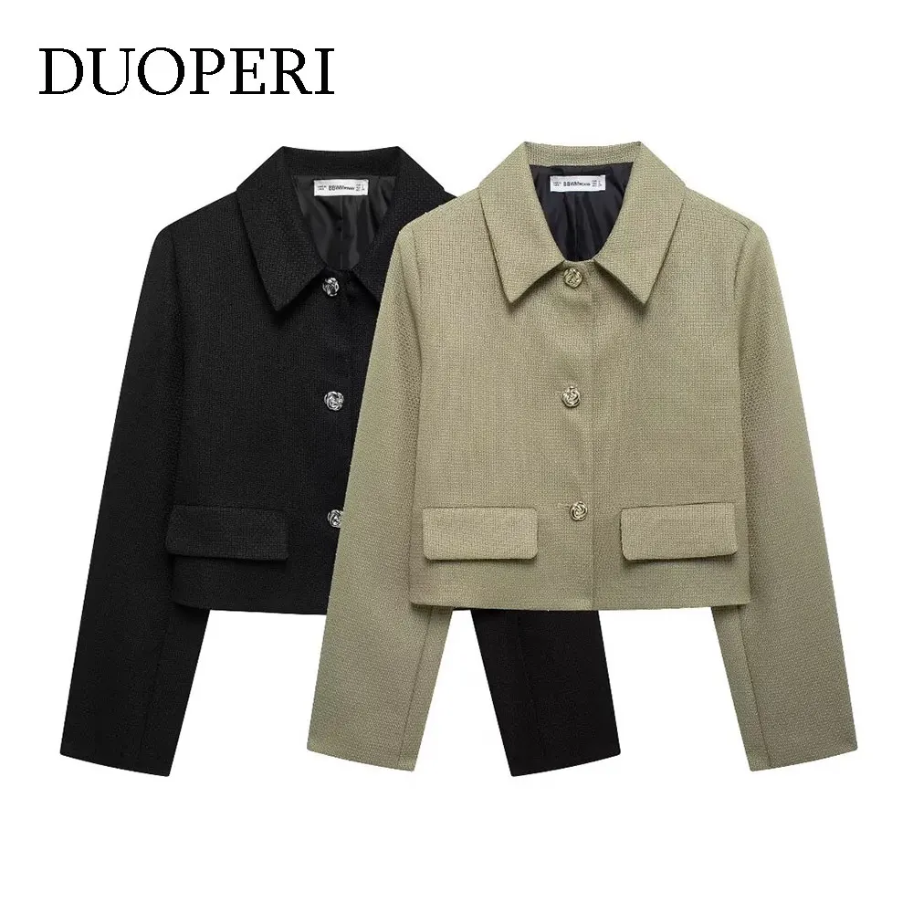 DUOPERI Women Fashion With Pockets Solid Single Breasted Jackets Coat Vintage Lapel Neck Long Sleeves Female Chic Lady Outfits