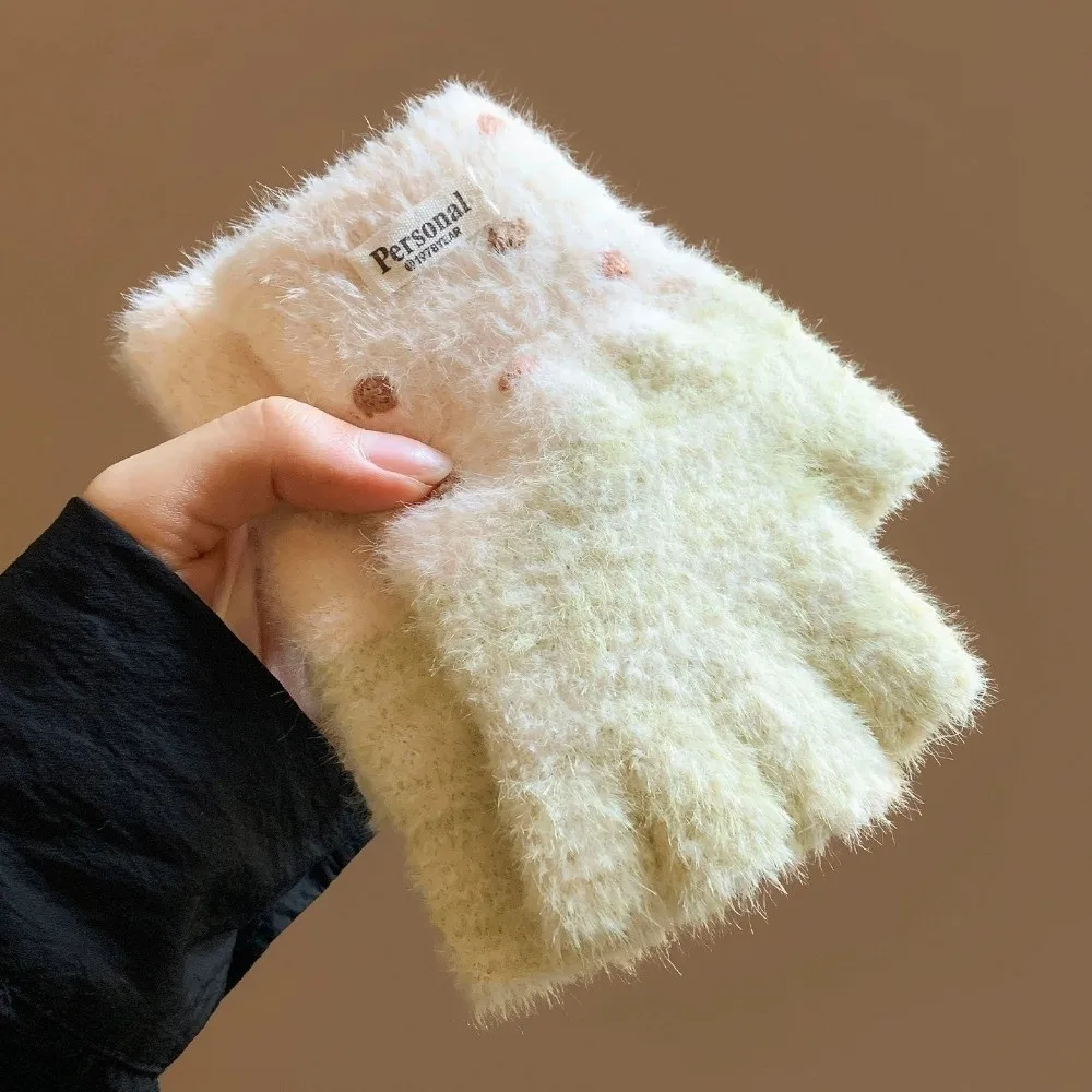 Stylish Polyester Half Finger Gloves Thick Polka Dot Knitted Gloves Warm Winter Gloves For Students