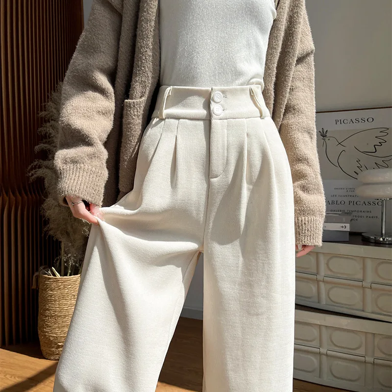 Chenille wide-leg pants 2025 new high-waisted straight-cut autumn and winter lined casual gray suit corduroy pants for women