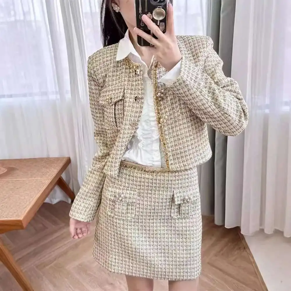 Quality Autumn Winter Beading Diamonds Gold Button Tweed Two Piece Set Women Dress Suits Jackets Coats Short Skirts 2pcs Outfits