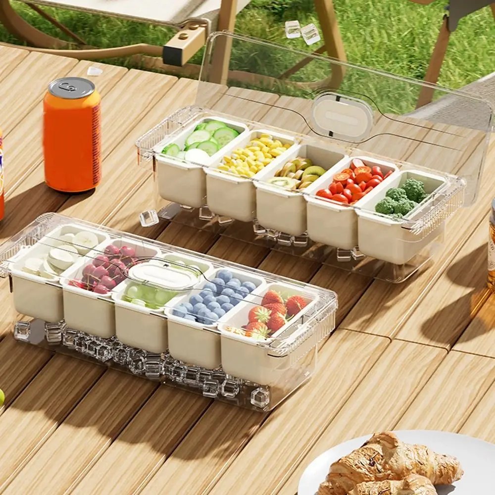 

5 Grids Ice Chilled Tray Platter Transparent Dustproof Fruit Plate Server Keeping Fresh Plastic Snacks Container Kitchen