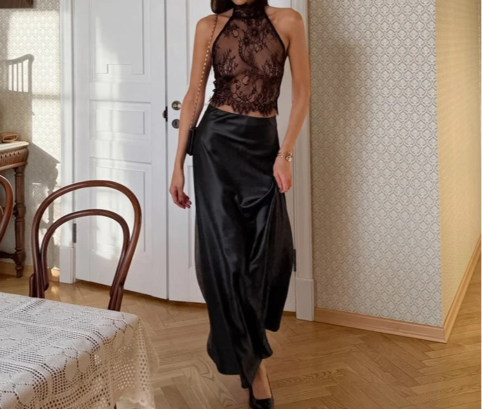

Sexy Women's Clothing Set Halter Black Lace Perspective Neck Vest Satin High Waist Skirt Two-piece Set