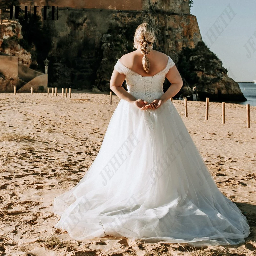 JEHETH gaun pernikahan pantai ukuran Plus bahu terbuka leher V gaun pengantin dengan renda belakang renda Applique A-Line vestidos de novia