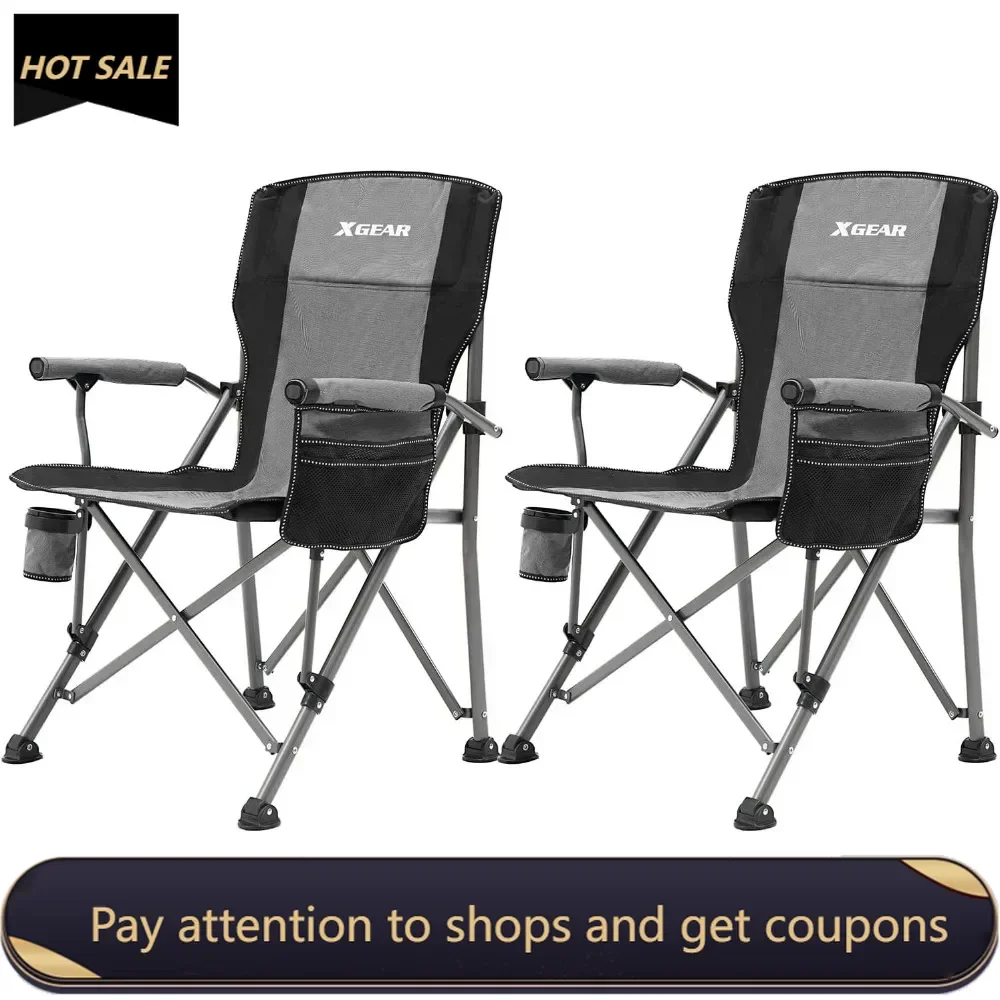 Camping Chair Hard Arm High Back Lawn Chair Heavy Duty with Cup Holder, for Camp, Fishing, Hiking (Gray 2chairs) Freight free