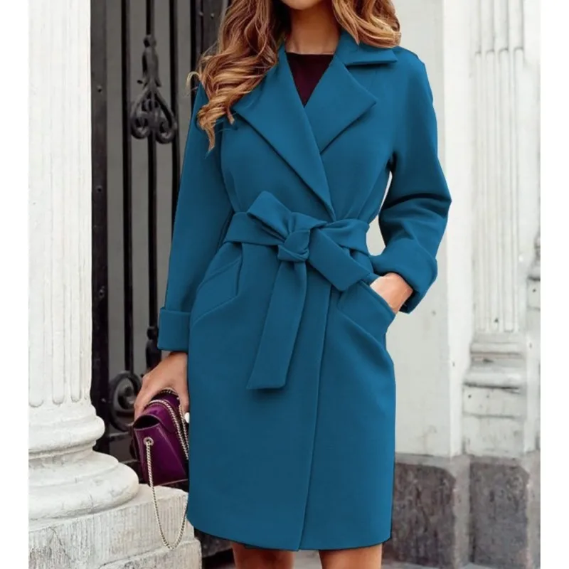 2026 New Women's Autumn/Winter Woolen Coat Solid Color Collar Fashion Strap Thick Retro Comfortable Versatile Simple Woolen Coat