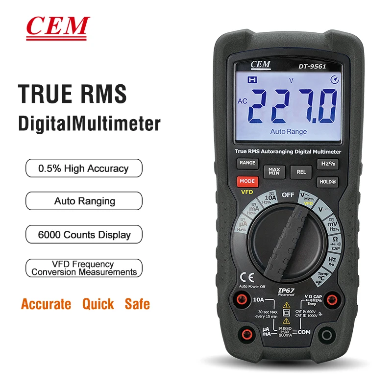 

CEM New Innovation Industrial Grade Digital TRMS Multimeter with 1000V VFD, IP67 Dust and Water Proof, 2m Drop-proof